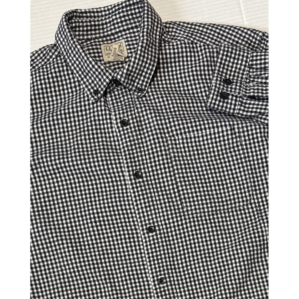 LL BEAN - Men's Black White Check Long Sleeve Button Flannel Shirt - XL X-Large